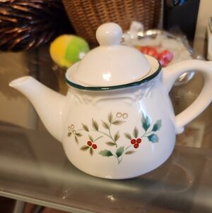 Floral White Teapot with Green and Red Accents
